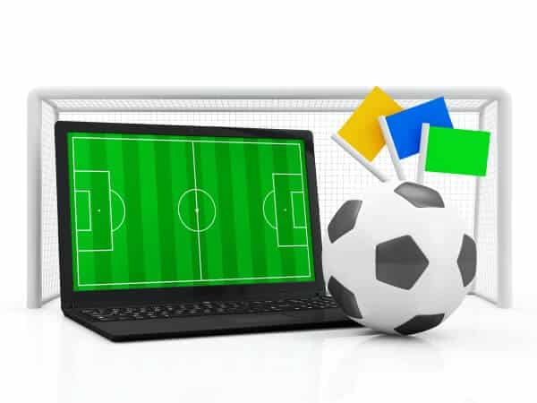 Pc laptop football concept soccer field in modern laptop with soccer ball and gate isolated