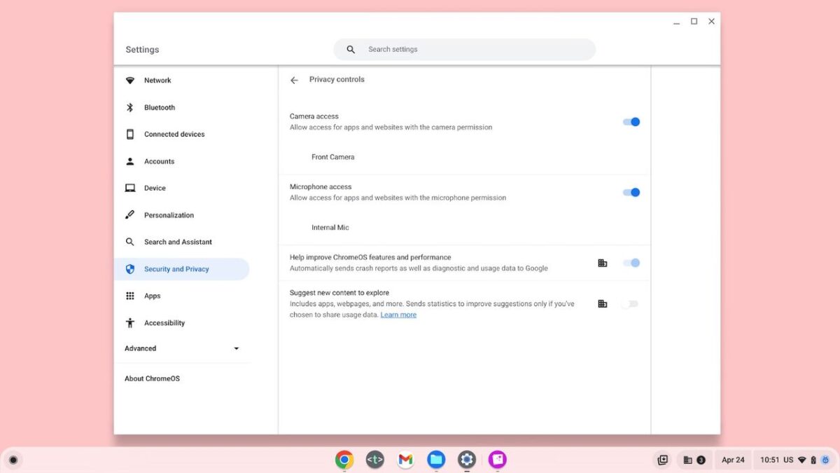 new system-wide options for camera and microphone access in ChromeOS settings