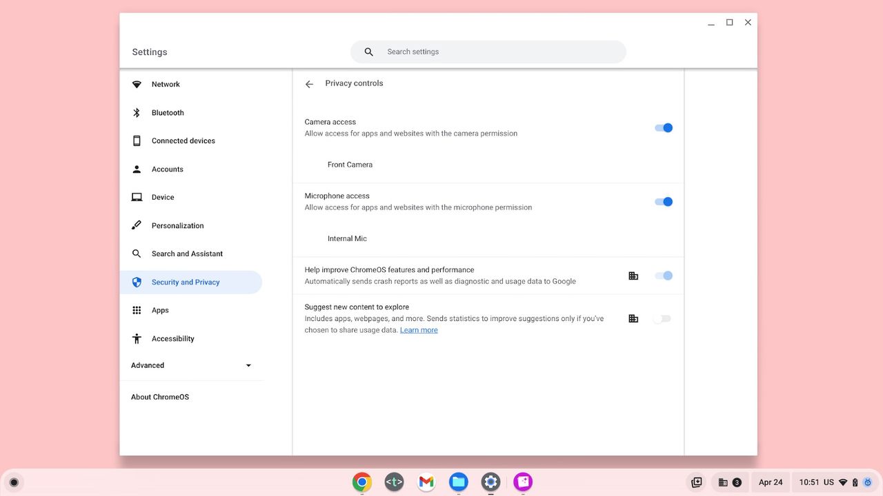 new system-wide options for camera and microphone access in ChromeOS settings