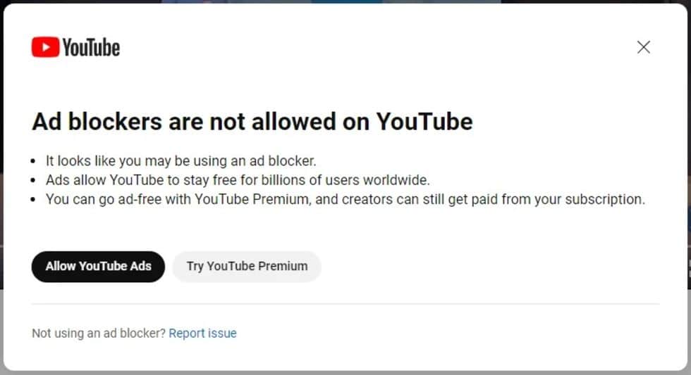 YouTube starts blocking ad blockers